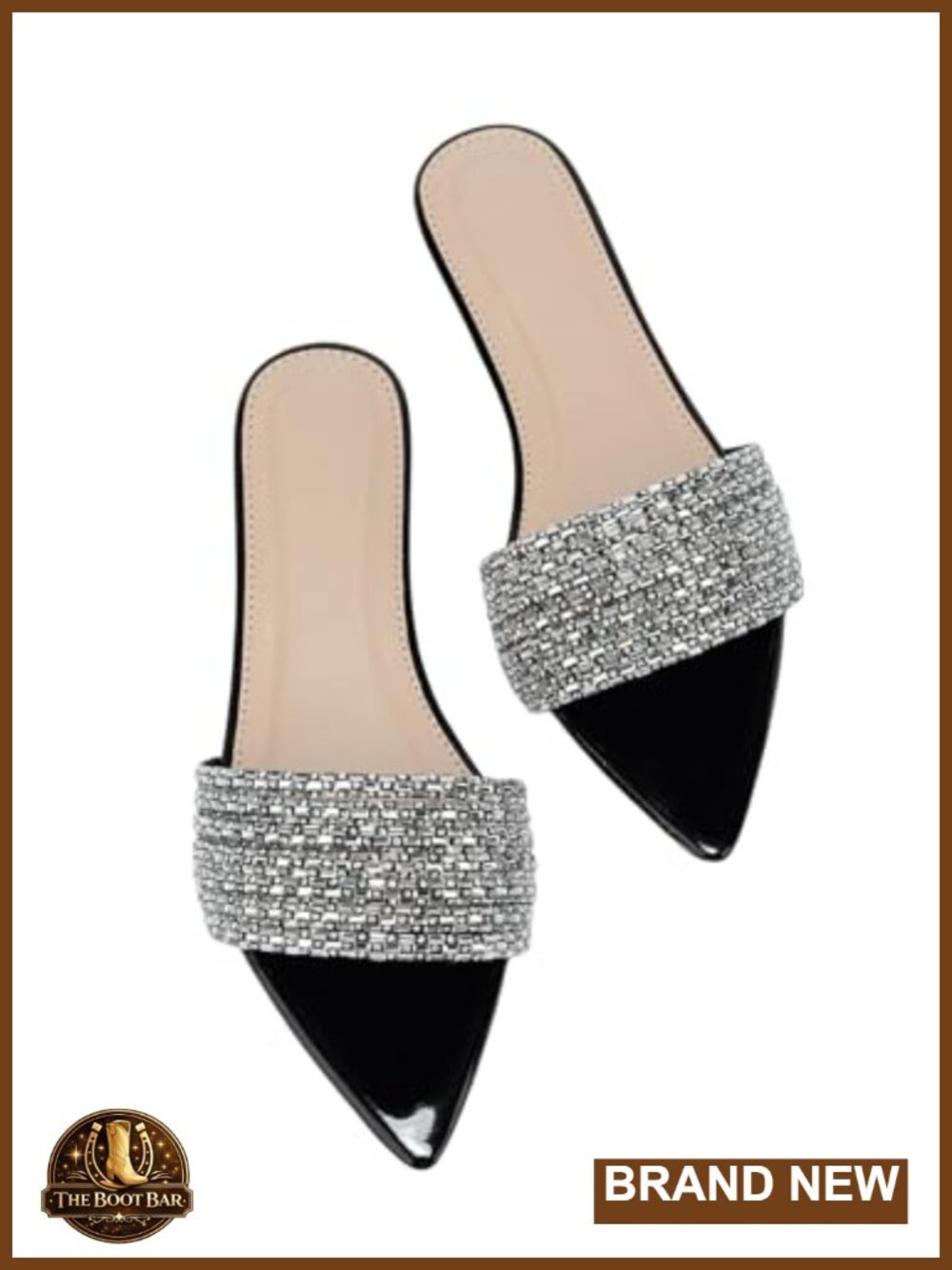 Rhinestone Open Toe Slide Sandals Dressy Sparkly Pointed Toe Flats for Women